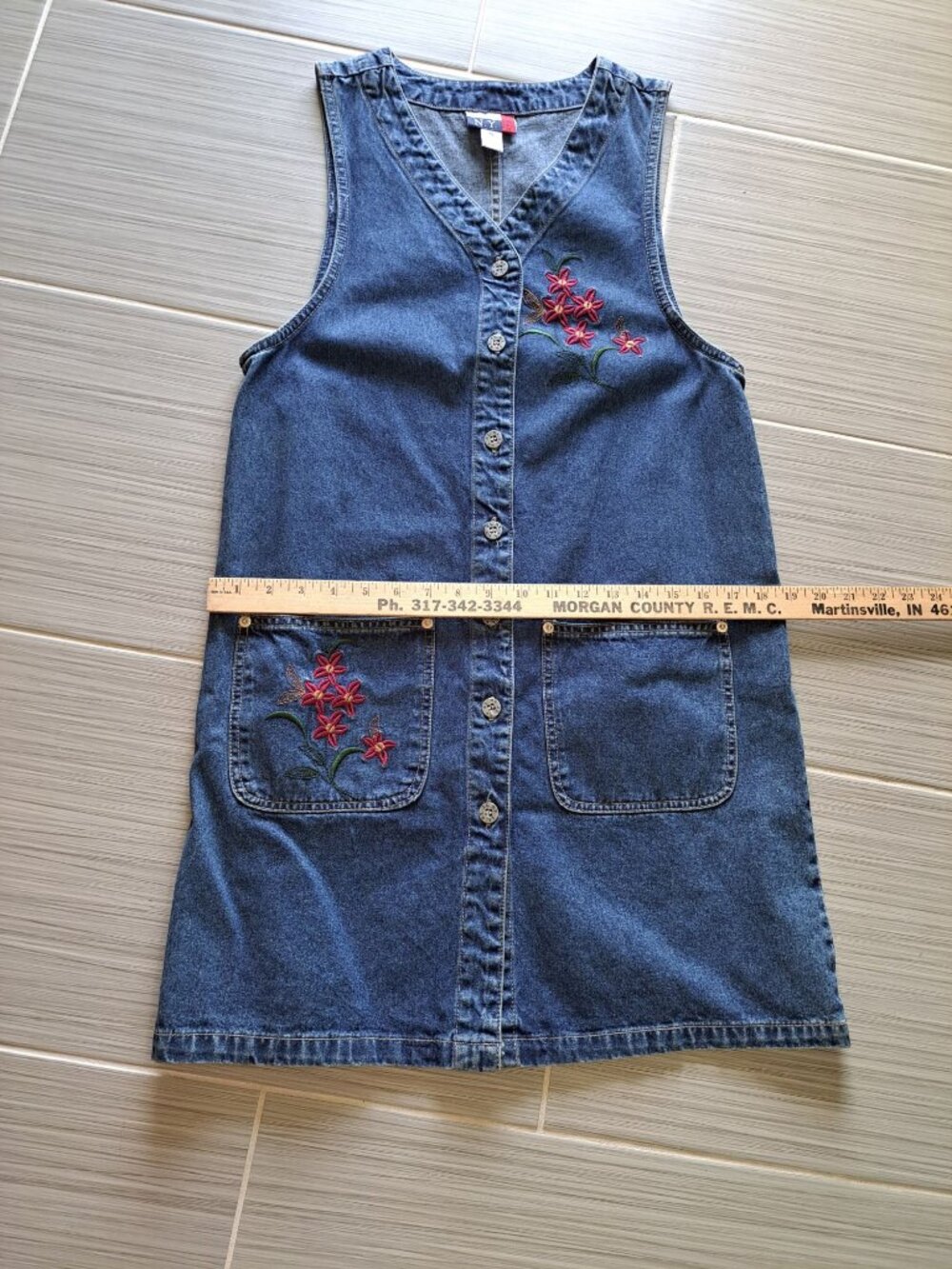 Vtg Denim Embroidered Dress Floral Button-Up Sleeveless Pockets S Cotton Teacher - Picture 8 of 10